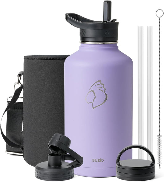 BUZIO 64 oz Water Bottle Insulated with Straw & 3 lid and Carrying Pouch, Leak Proof Half Gallon Stainless Steel Water Flask Jug, Cold for 48 Hrs Double Vacuum Thermo Canteen, BPA-Free, Purple
