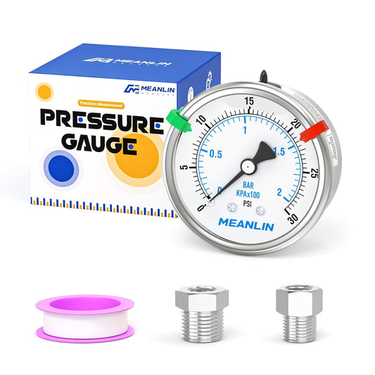 MEANLIN MEASURE 0~30Psi Stainless Steel Liquid Filled Pressure Gauge 2.5" FACE DIAL 1/4" NPT for Pool Sand Filter Water Oil Air Pressure Test Back Mount with Stainless Steel Hex Bushing and Snaps