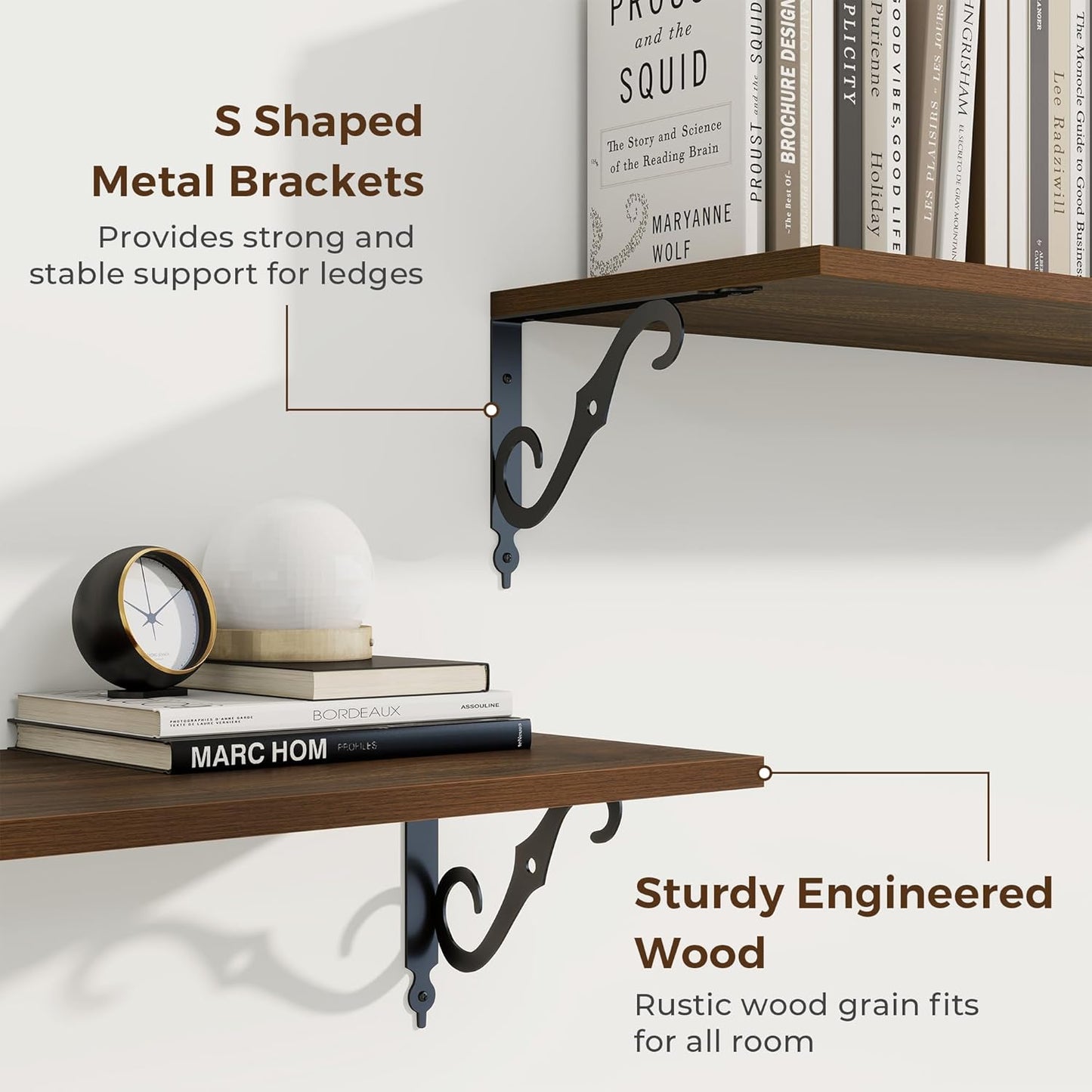 RICHFOCUS 12 Inch Deep Floating Shelves for Wall, 24" W x 12" D Wood Wall Shelves Set of 2, Wide Floating Shelves for Living Room, Bedroom, Kitchen, Bathroom and Decor Storage, Walnut