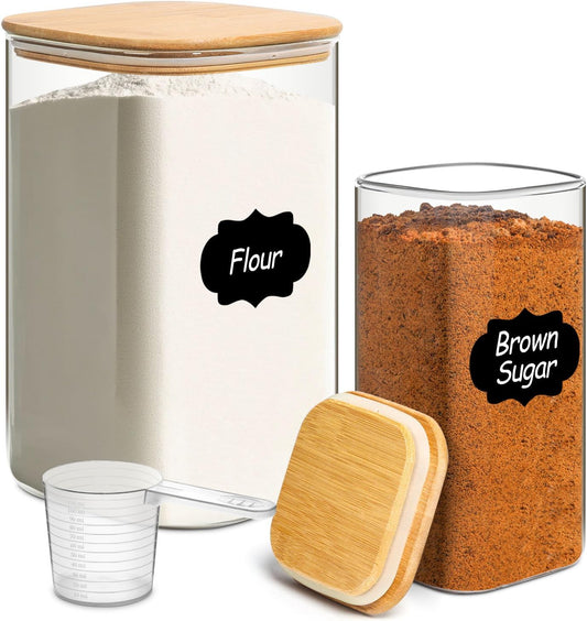 Glass Flour and Sugar Containers, Square Glass Containers with Bamboo Lids, Gallon Jars with Bamboo Lids for Cookies, Coffee Beans （2 pack 1.6/4.6 qt）
