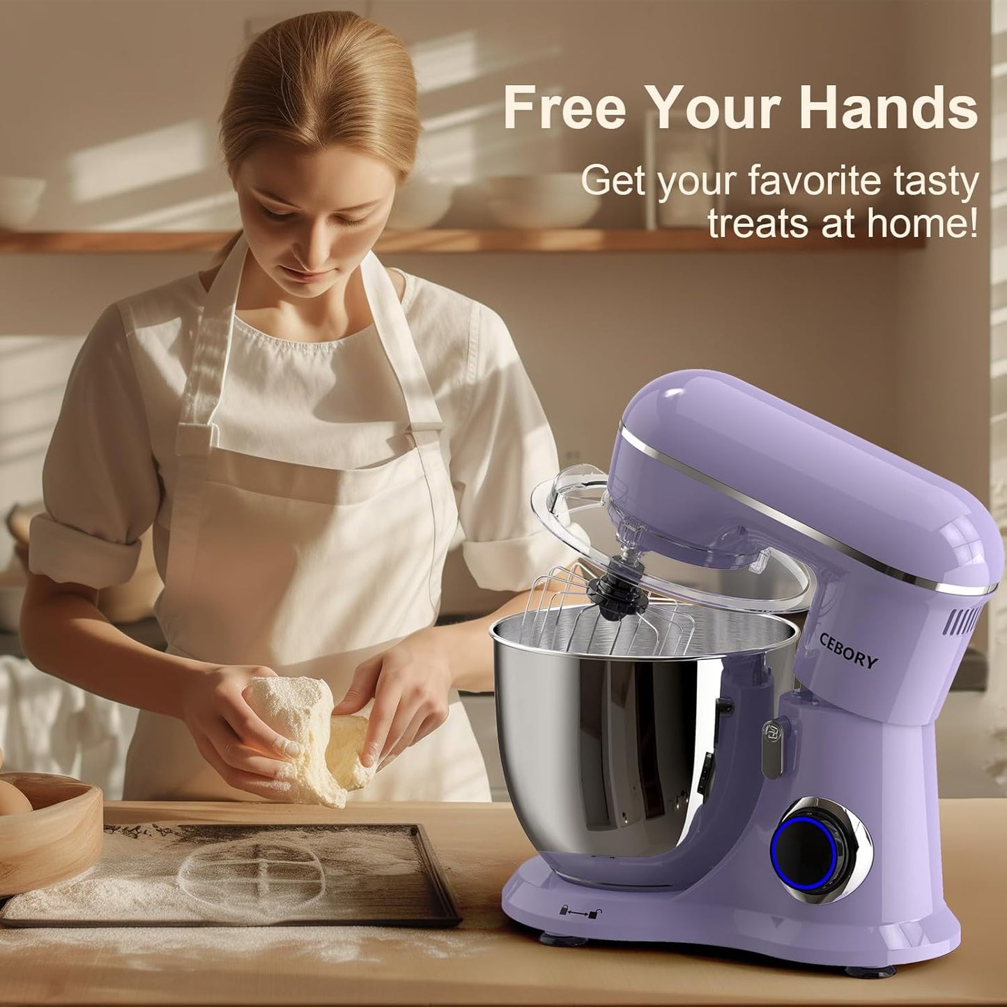 3-IN-1 Electric Stand Mixer, 6.5QT Bowl 660W 10-Speed Kitchen Mixer, Household Food Mixers include Dough Hook, Beater and Whisk, Bread Cake Mixer for Baking and Most Home Cooks, Purple