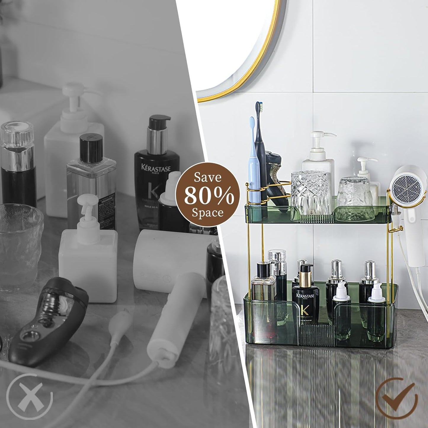 YCIA&DONE Luxury Bathroom Counter Organizer, Large Makeup Organizer Countertop, Shelf Organizer, Vanity Tray, Easily Assemble for Bathroom Organizers and Storage, Undersink, Cabinet, 2 Tiers Green