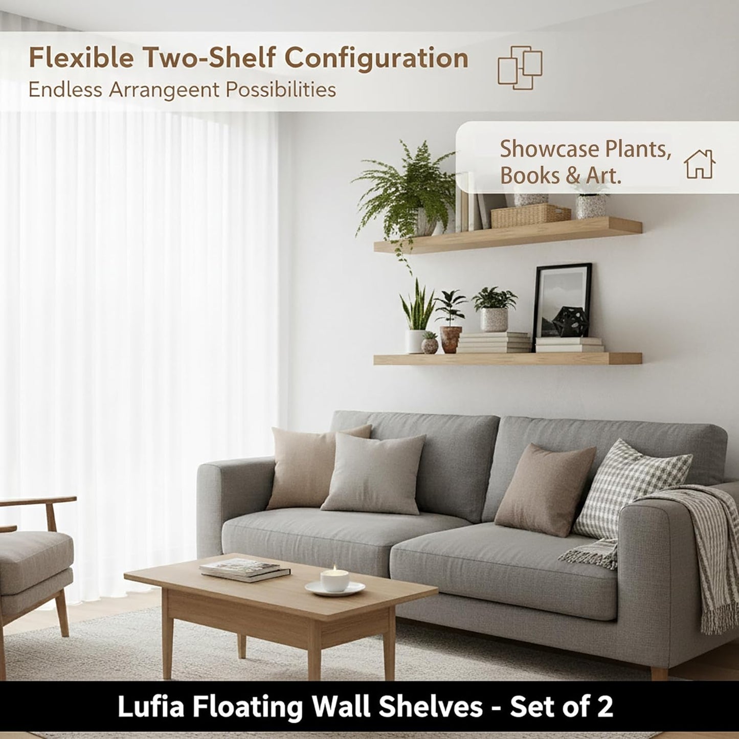 Lufia Floating Wall Shelves, Set of 2, MDF with Invisible Brackets, Modern Storage for Bedroom, Bathroom, Living Room, Kitchen (Oak, 28" W X 7" D X 1.5" H)