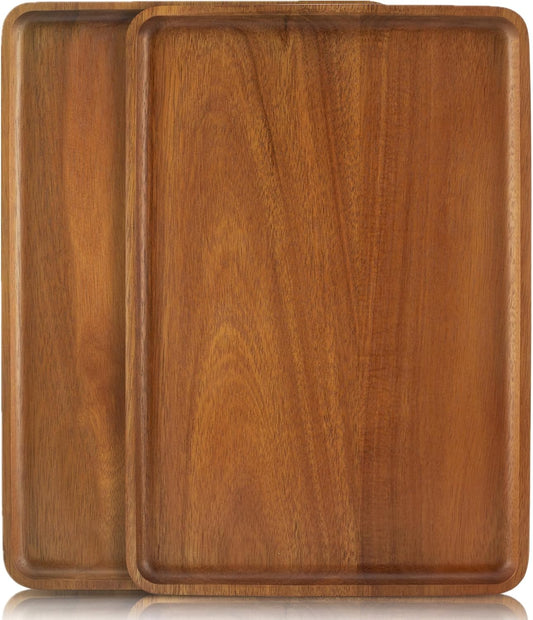 2 PCS Solid Acacia Wood Serving Trays 16 * 12 inch Rectangular Wooden Serving Platters Natural Wooden Boards for Bar Coffee Party
