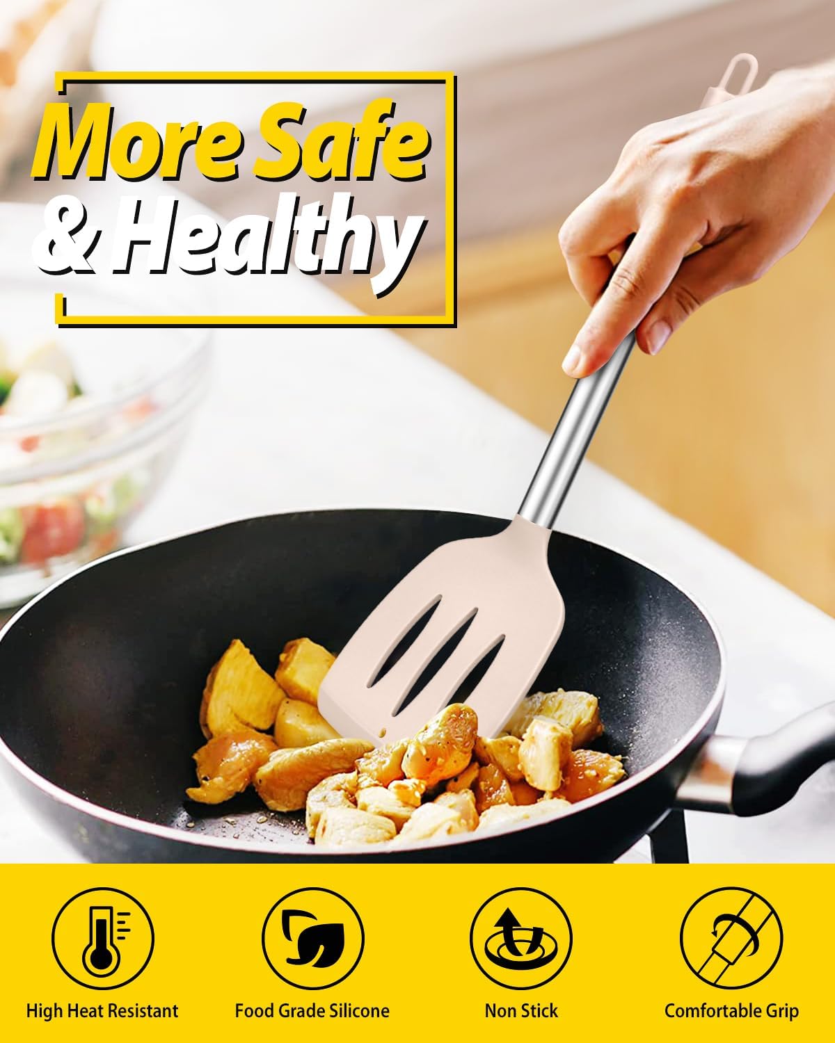 Pack of 4 Silicone Cooking Utensils Set, Non Stick Large Solid Spatulas, Heat Resistant Stainless Steel Khaki Slotted Spoons, Ideal BPA Free Kitchen Turners for Frying, Mixing,Serving,Draining,Turning