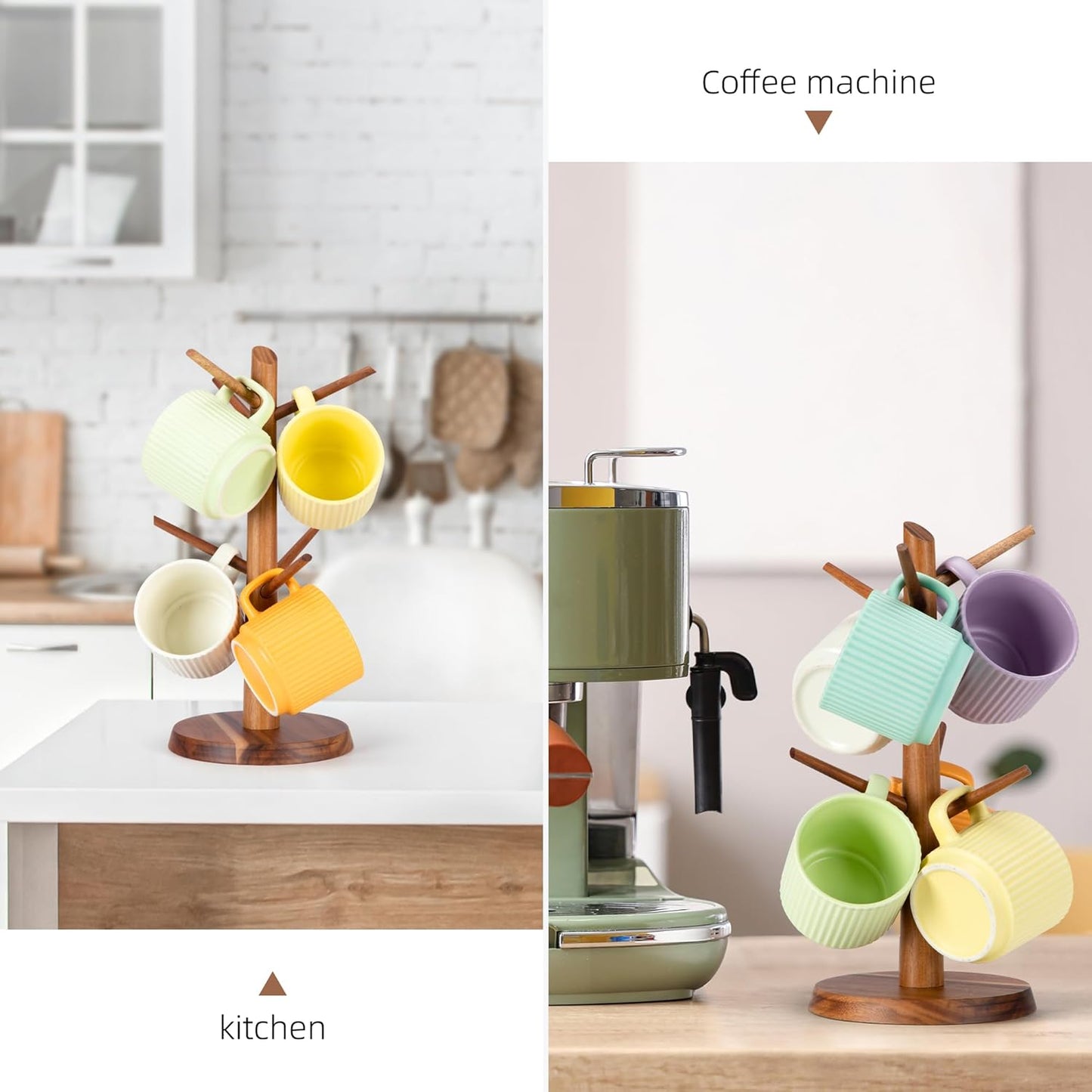 Acacia Wood Mug Holder Tree, 6 Hooks Wooden Mug Organizer for Kitchen Counter & Coffee Bar, Easy to Assemble, Natural Wood Color, Ideal for Small to Medium Mugs
