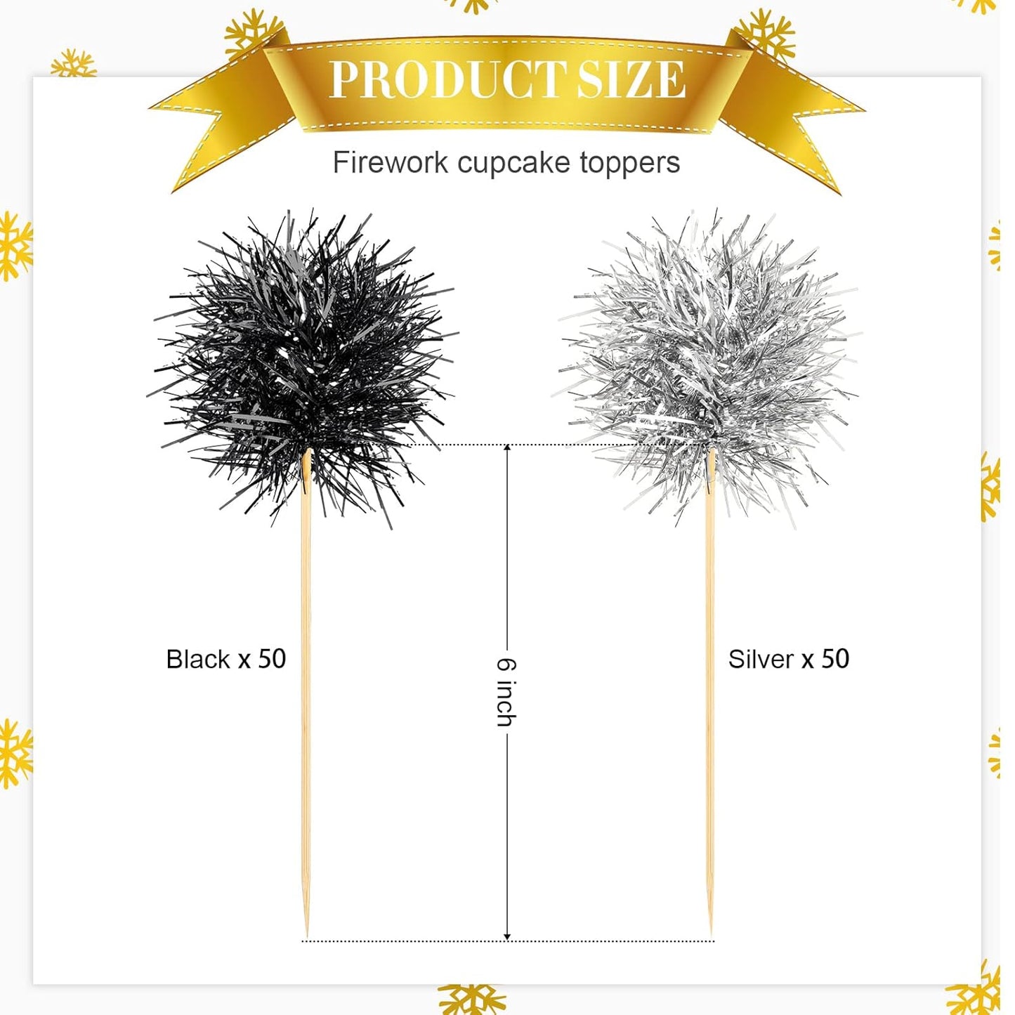Chinco 100 Pcs Foil Firework Cupcake Toppers Sparkle Tinsel Cake Toppers Cake Decoration Cocktail Fruit Toothpick for Birthday Wedding Graduation Party(Silver, Black)