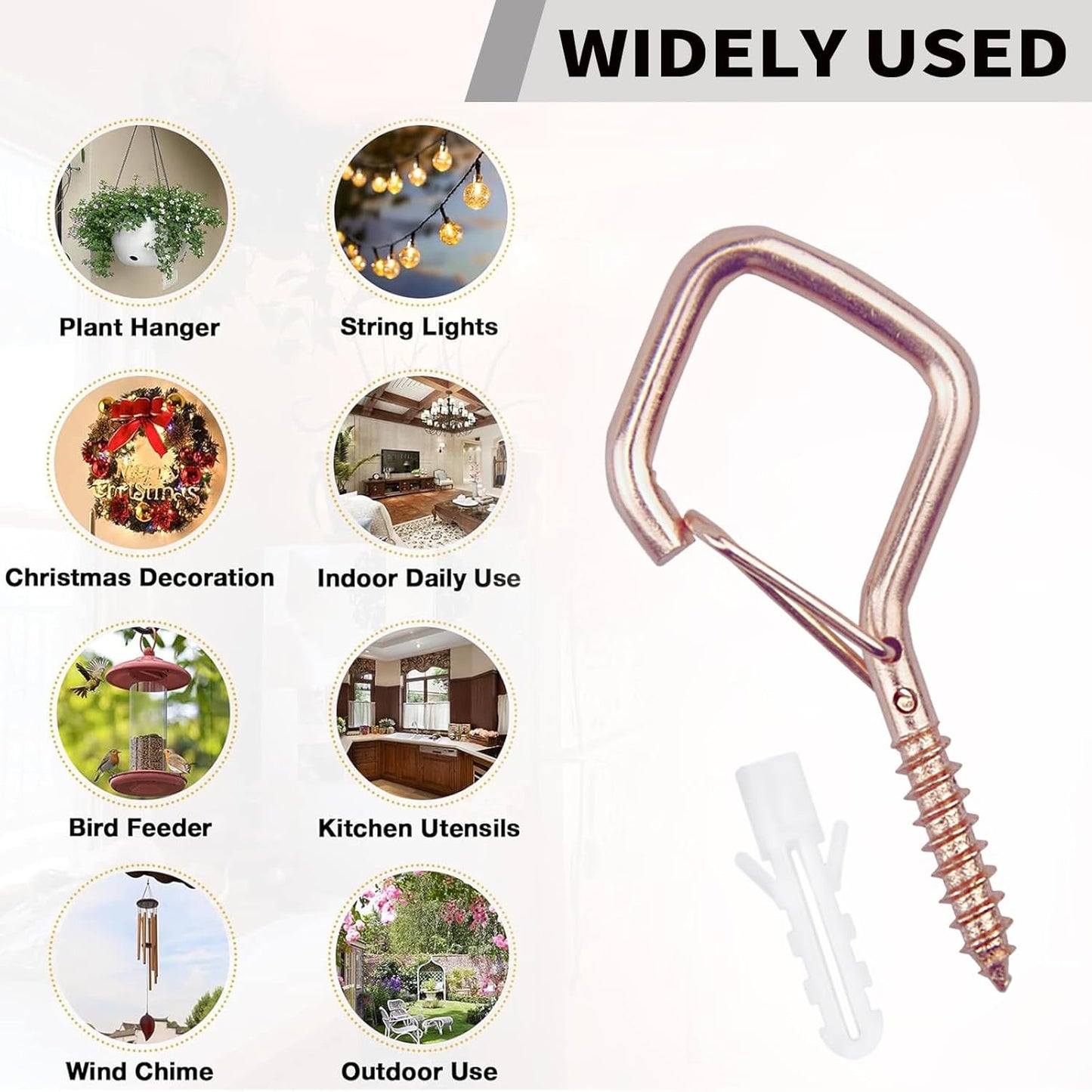 20PCS Eye Screw Hooks for Hanging Heavy Duty with Safety Buckle.Metal Ceiling Hooks for Hanging Plants,Cup,Wind Chime,Bird Feeders,String Lights at Indoor&Outdoor,2.36 Inch(No Drill Bit)