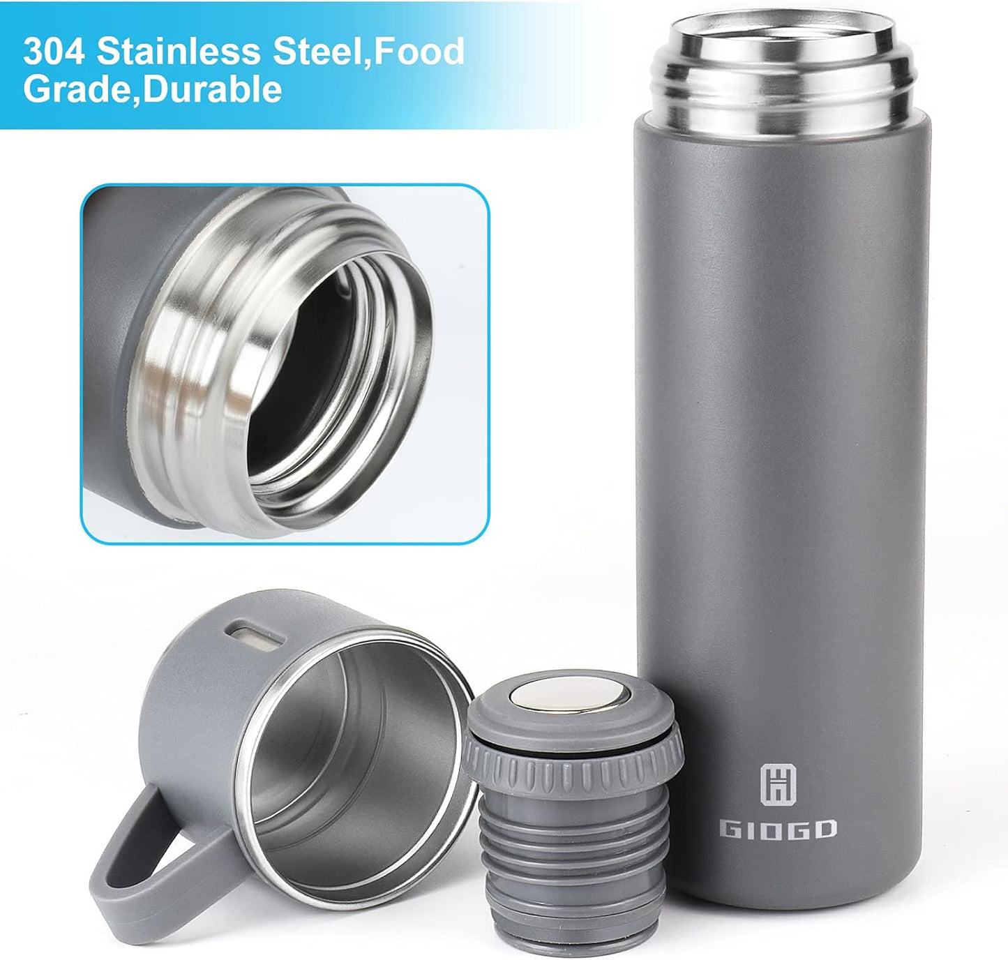 Stainless Steel Thermo 500ml/16.9oz Vacuum Insulated Bottle with Cup for Coffee Hot drink and Cold drink water flask.(Gray,Set)