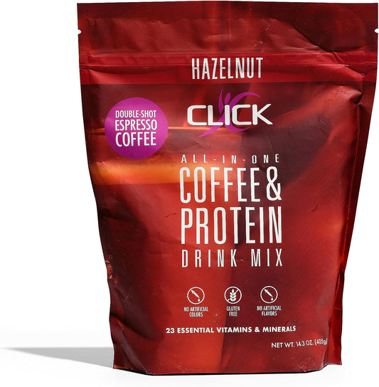 Click Coffee Protein Powder | Double Shot Espresso | 16g Protein | 23 Essential Vitamins | Low Calorie Meal Replacement | 150mg Caffeine | Gluten Free | No Artificial Flavors or Colors | Hazelnut