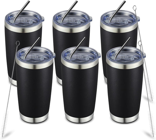 COMOOO 20oz Black Tumbler Double Wall Vacuum Insulated Coffee Travel Mug Stainless Steel Tumbler with Lid and Straw Coffee Cup for Cold Drinks & Hot Beverage, Home and Outdoor (Black, 6 Pack)
