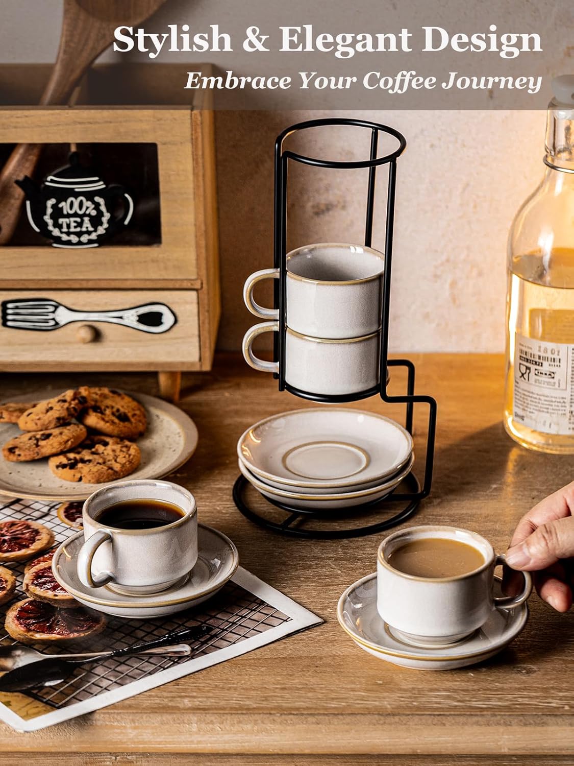 Gomakren 2.5 Ounce Espresso Cups Set of 4, Small Stackable Coffee Cups with Saucers and Metal Stand, Porcelain Demitasse Cups for Specialty Coffee Drinks, Espresso, Cappuccino, Latte, Tea, White