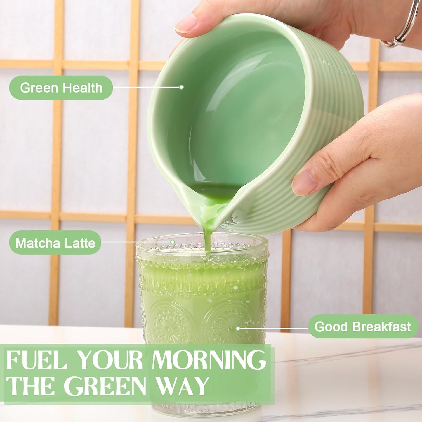 Matcha Whisk Set, Matcha Bowl with Spout, Matcha Whisk and Holder, Bamboo Scoop and Stainless Sifter - 5 Pcs Jade Green Matcha Kit for Matcha Lover