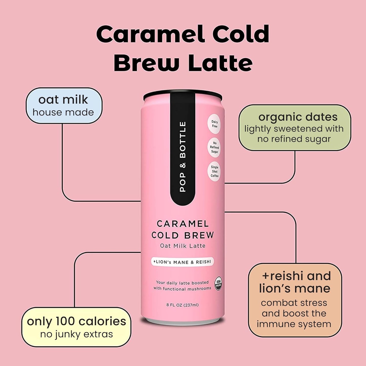 Pop & Bottle, Oat Milk Lattes - Cold Brew with Lions Mane & Reishi, MCT Oil, Single Shot Cold Brew, Mushrooms, Organic, Dairy Free, Gluten Free, Great as Iced Coffee, Lightly Sweetened with Dates - Caramel, 8 Fl Oz (12 Pack)