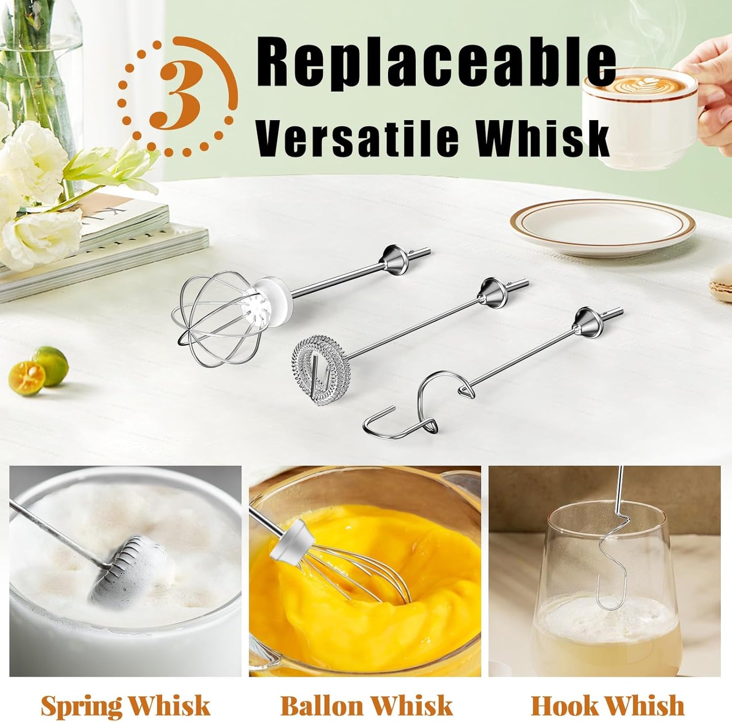 Nahida Light Purple Milk Frother Wand for Coffee, Frother Handheld Rechargeable Electric Whisk with 3 Heads 3 Speeds Drink Mixer Coffee Frother Foam Maker For Latte, Cappuccino, Hot Chocolate, Egg