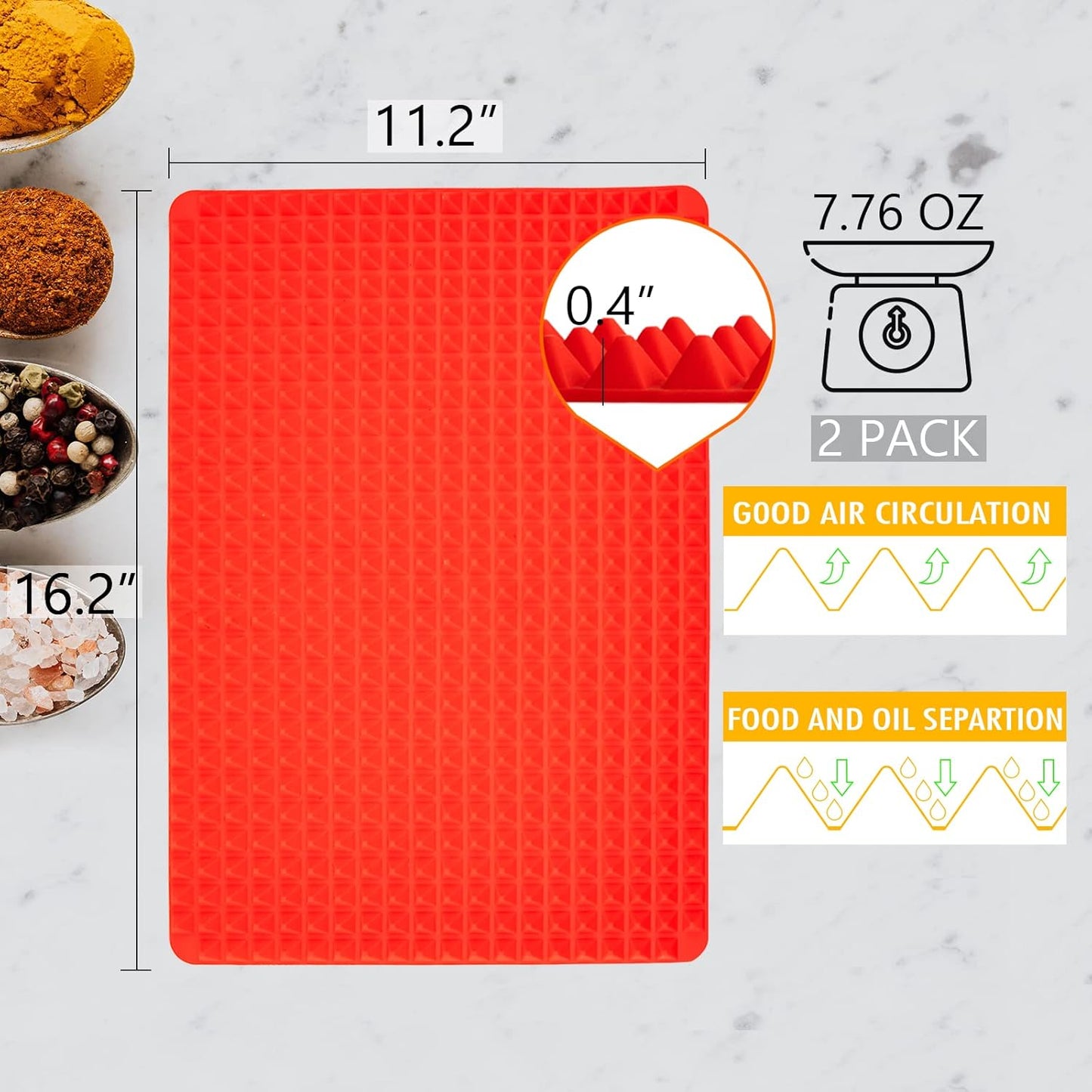 Silicone Baking Mat Red Pyramid Non Stick Bacon Microwave Tray Pastry Mats Red BBQ Grill Mat Baking Supplies oven Liners For Bottom Of Oven - 16 X 11''Silicone Mats For Kitchen Counter 2 Pack