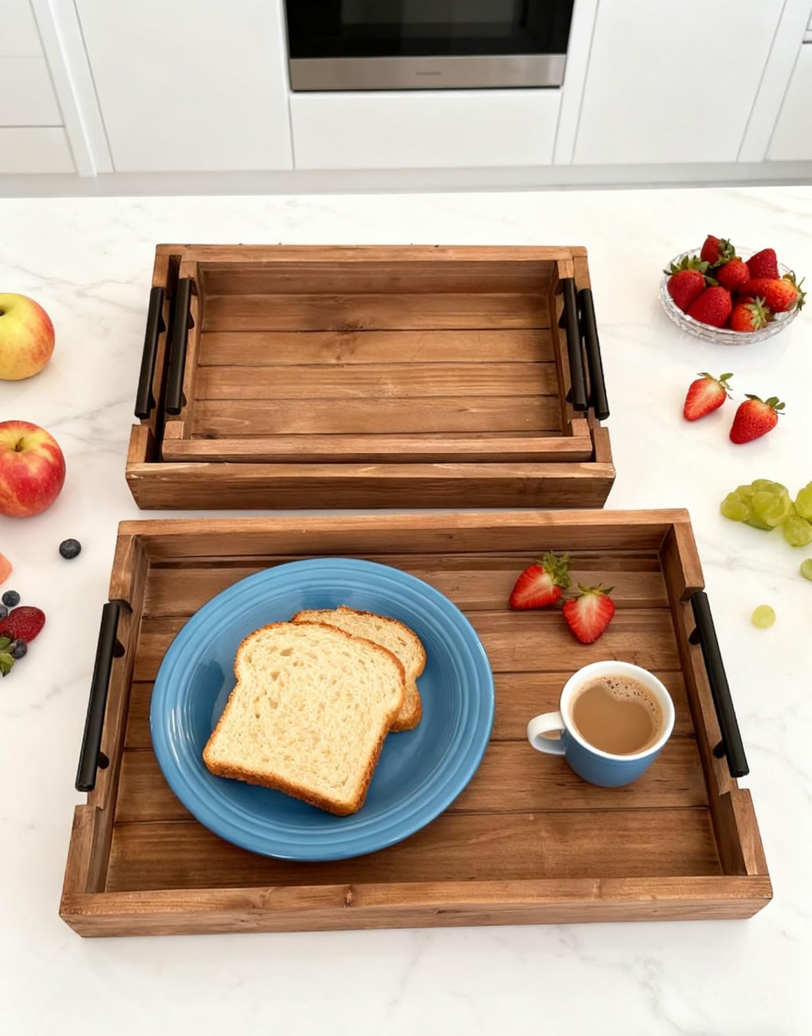 Coffee Table Tray Decorative Nested Vintage Wood Serving Tray Set for Eating, Breakfast, Party, Kitchen, Ottoman,Tea Coffee Table Large Ottoman Trays (Wood, 3Pc)