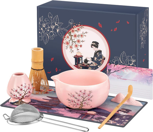 DELLAN Matcha Whisk Set, Cherry-Blossom Matcha Set Making Kit Includes Ceramic Matcha Bowl, Whisk and Holder, Bamboo Scoop, Scoop Rest, Sifter, Greeting Card and Tea Towel - 8 Pcs Matcha Set Pink