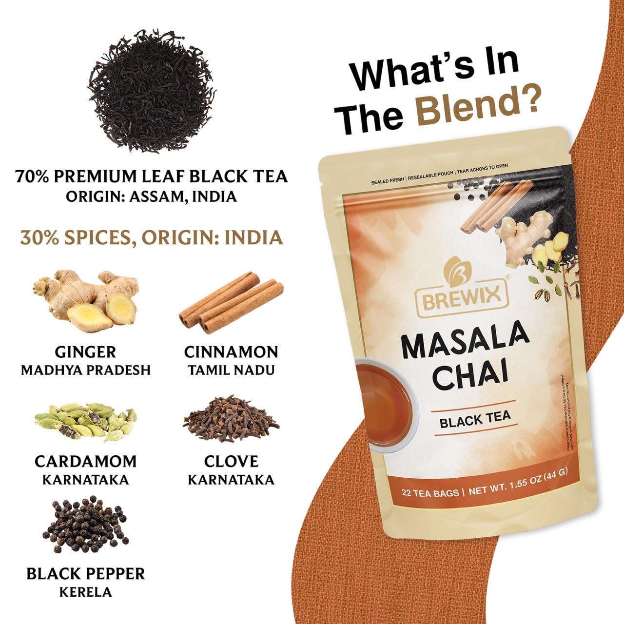 BREWIX, Masala Chai Tea Bags (22 Pyramid Tea Bags) Strong, Robust & Spicy - Pure Ingredients | Black Tea, Cinnamon, Ginger, Black Pepper, Cardamom & Cloves, Packed in Resealable Ziplock Pouch