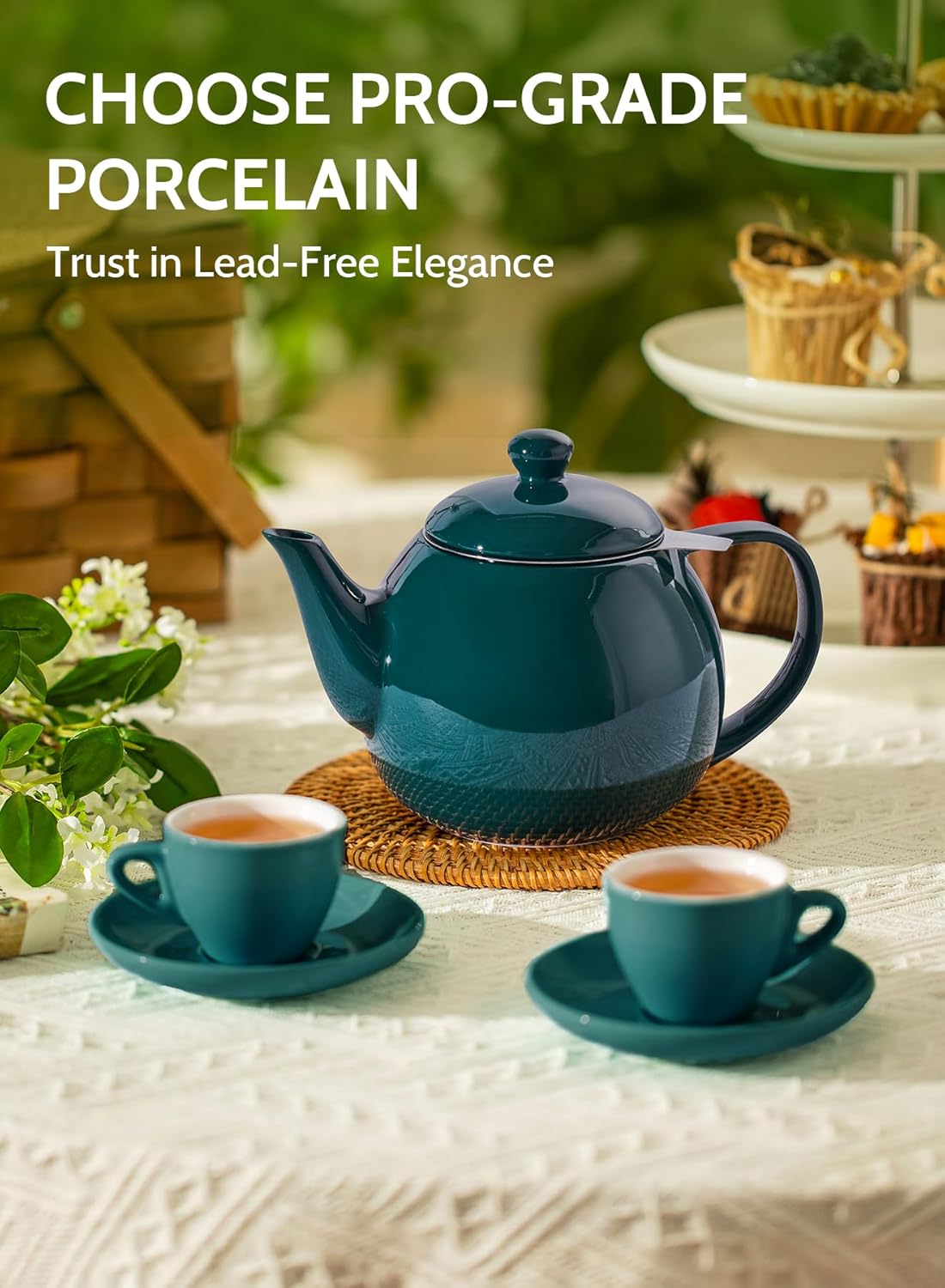 Sweese Teapots for Tea, 27 oz Porcelain Tea pot with Removable Stainless Steel Infuser, Tea Pots for Loose Tea - Dark Green