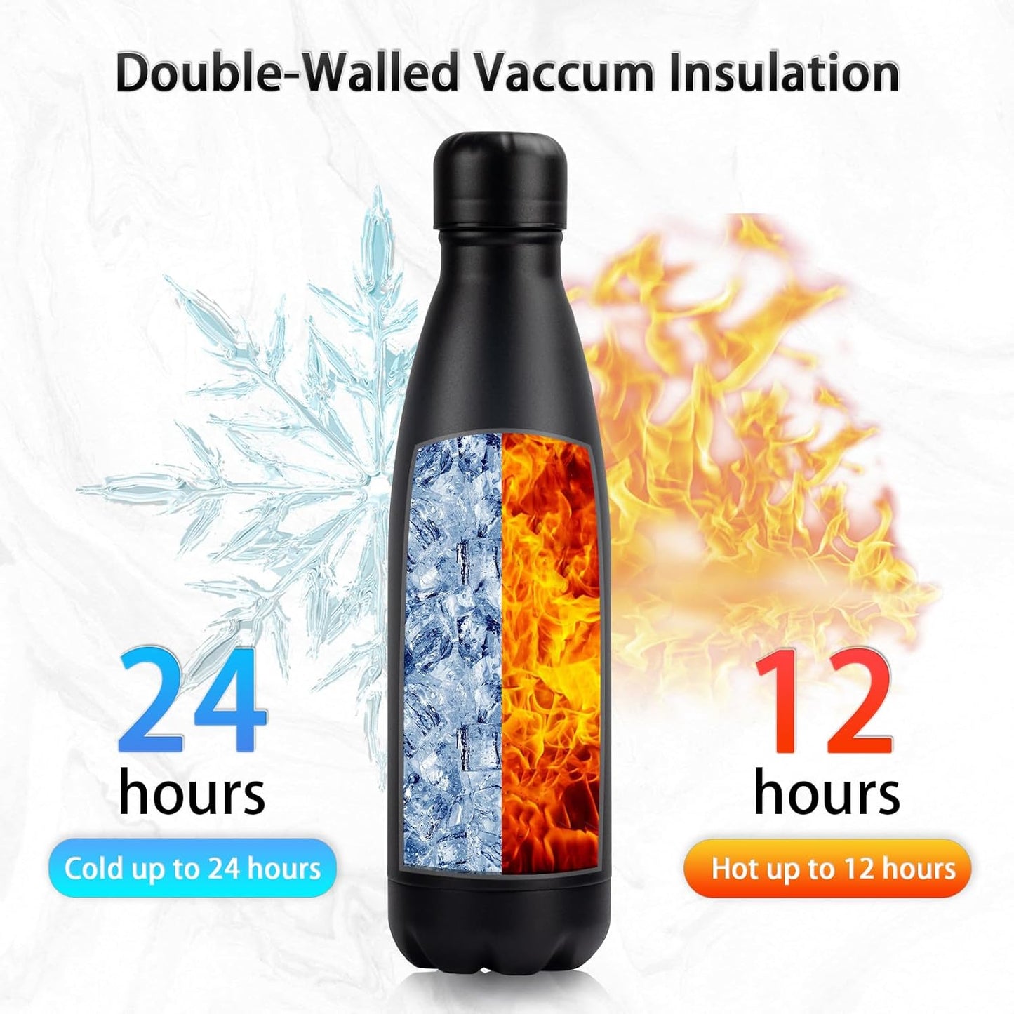 Insulated Water Bottle, 2 Pack-17oz Stainless Steel Water Bottles with straw lid, Metal Sports Water Bottles for Boys,Girls, Double Wall Vacuum BPA-Free Flask for School,Sports & Travel-Black
