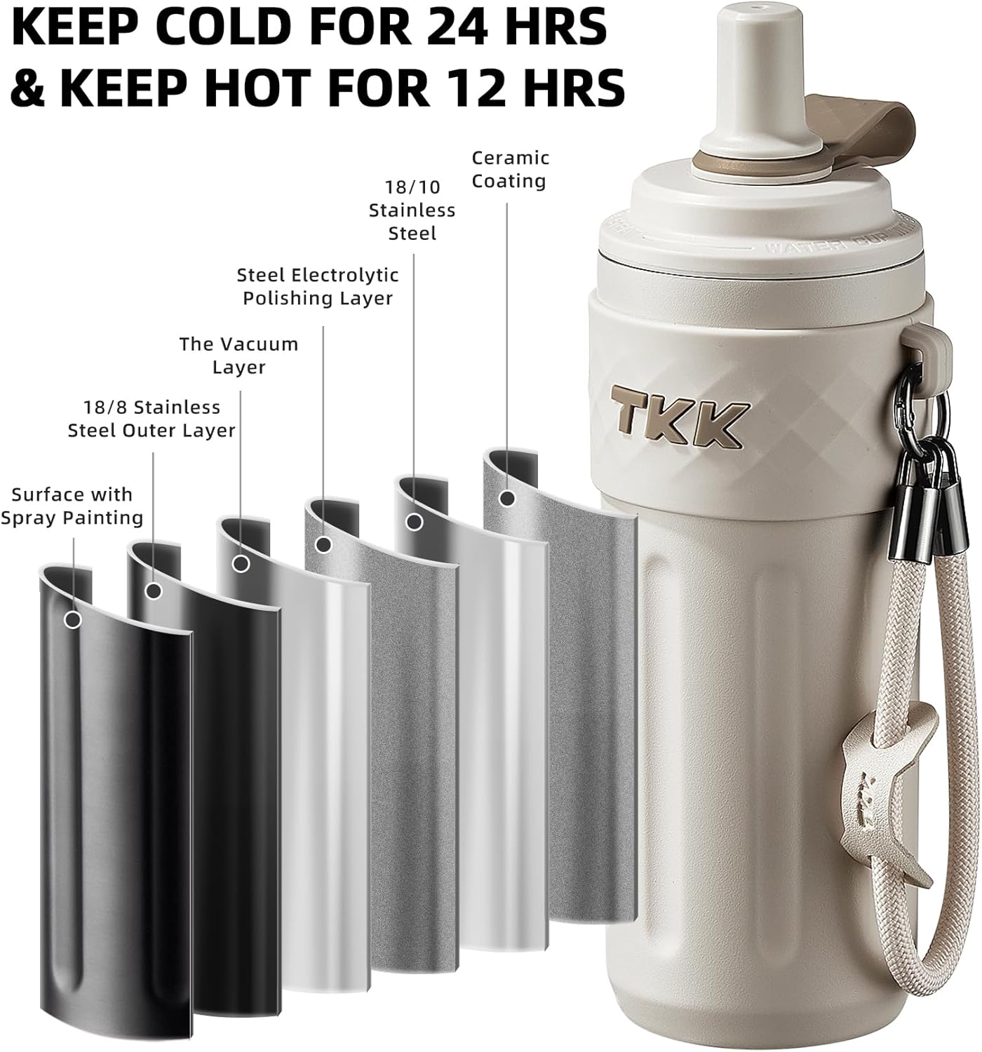TKK 17 OZ Travel Tumbler Ceramic Lining with Straw Lid, Stainless Steel Vacuum Insulated Double Wall Coffee Tumbler, Leak Proof Iced Water Bottle with Carry Strap for Hot & Cold Drinks, Beige