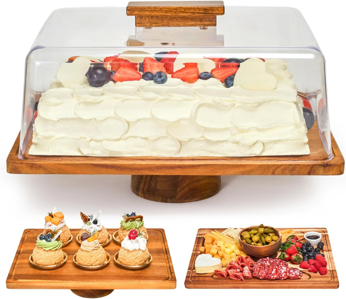 Acacia Wood Cake Stand with Lid –2-in-1 Rectangular Charcuterie Board & Dessert Display, Shatterproof Acrylic Dome Cover for Freshness, Serving Platter for Parties, Weddings, Birthdays, Gifts
