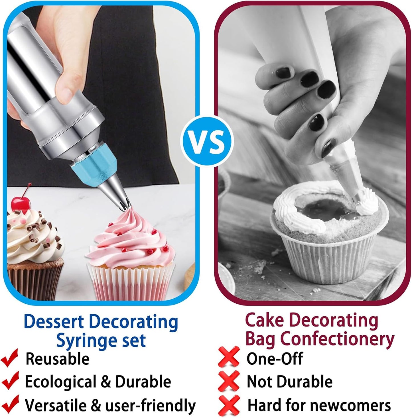 Novano Dessert Decorating Syringe Set, Frosting Piping Kit Stainless Steels Cake Decorating Kit with 6 Piping Tips & 9 silicone cupcakes, Cupcake Decorating Kit Piping Bags and Tips Set
