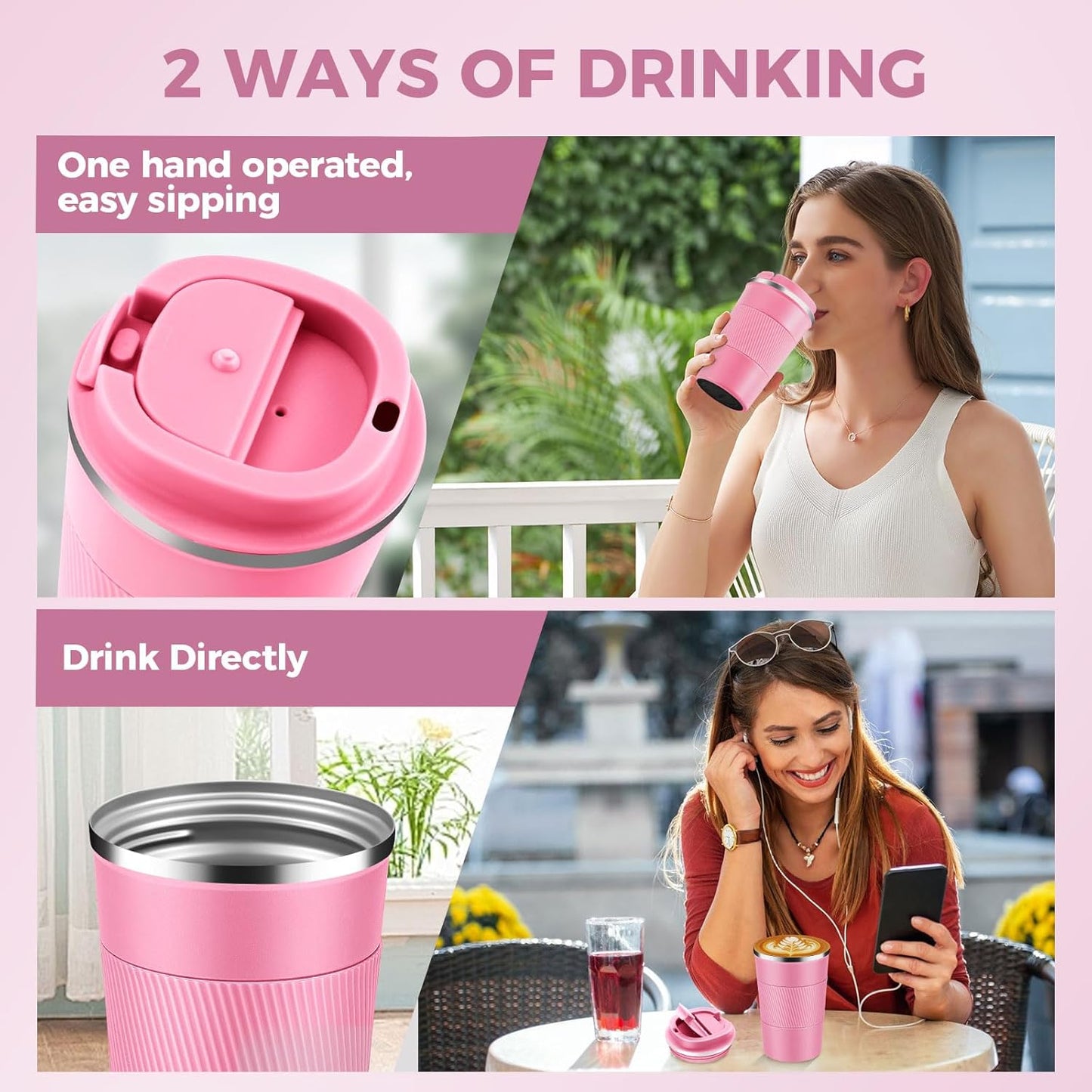 Volhoply 13 oz Stainless Steel Insulated Travel Coffee Mug with Fip Lid,Reusable Double Wall Vacuum Metal Coffee Cup,Portable to Go Leak Proof Cafe Thermal Tumbler for Hot & Cold Drinks(Pink,1)