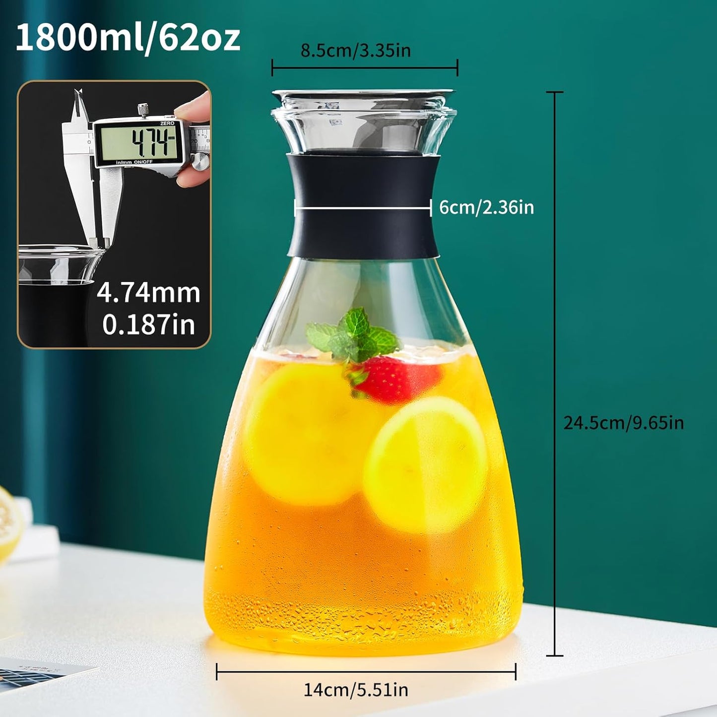 Glass Pitcher with Lid and Spout, 62 OZ Water Jug, Glass Carafe with Lid for Hot/Cold Water, Large Pitcher for Coffee, Juice,Homemade Iced Tea Beverage 1800ML