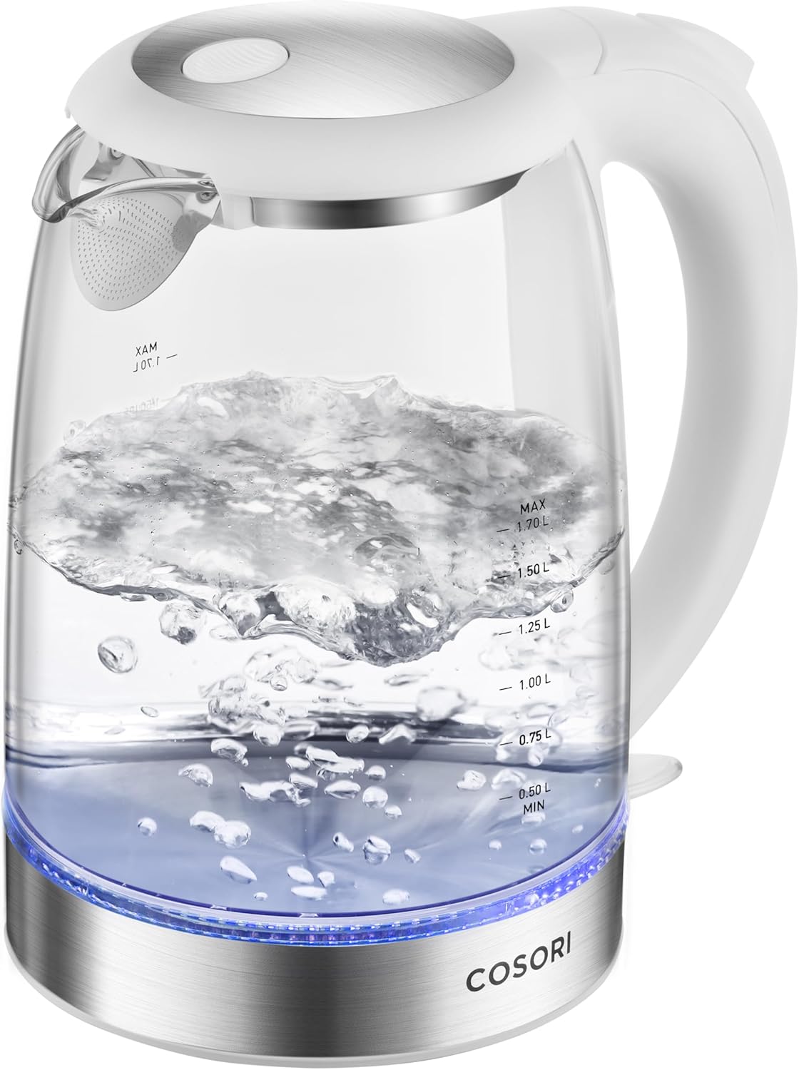 Cosori Electric Kettle, No Plastic Filter & Spout, Tea Kettle & Hot Water Boiler For Coffee & Tea, Water Heater & Teapot, Automatic Shut Off, Borosilicate glass, White, 1.7L/1500W