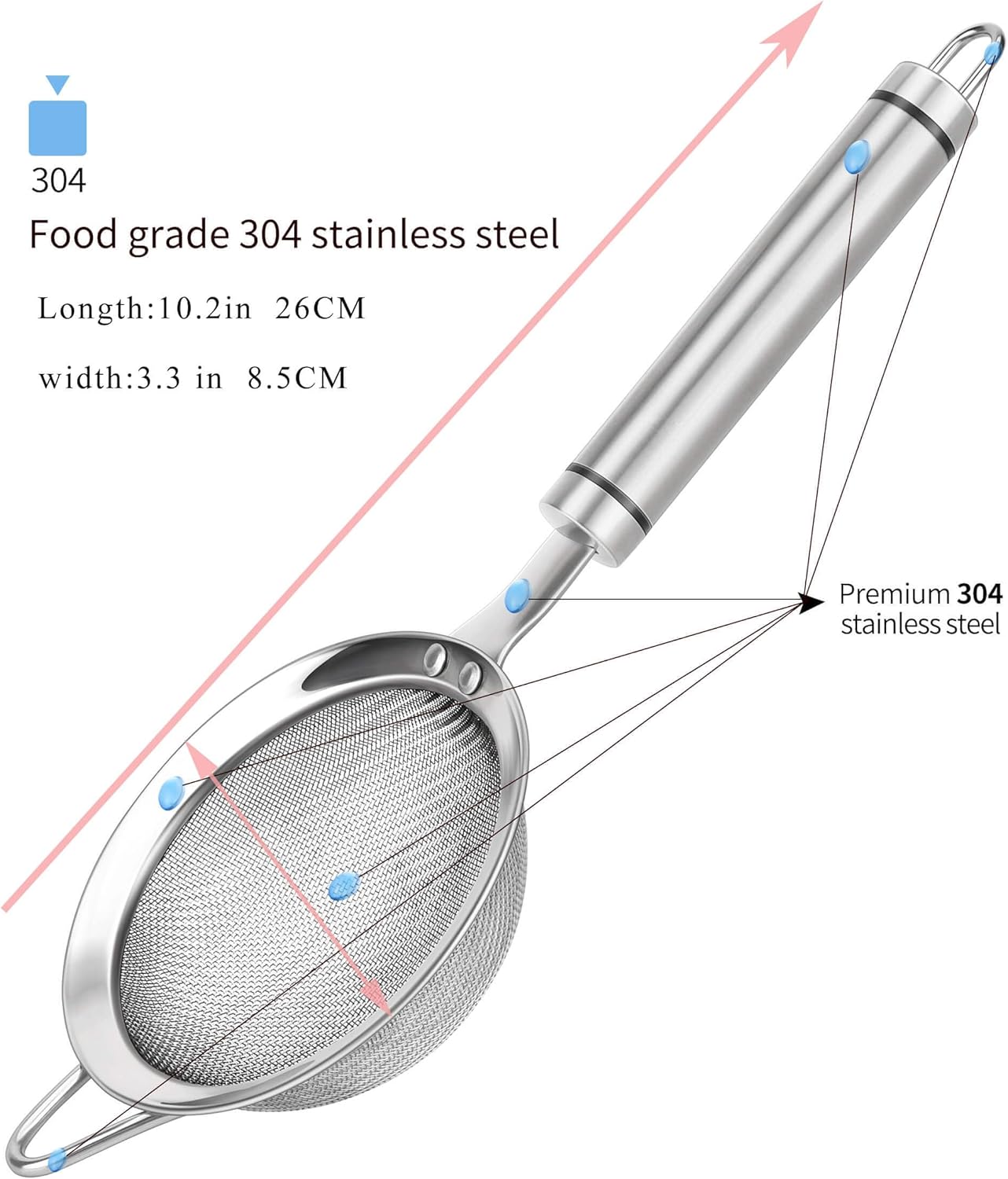 304 Stainless Steel Fine Mesh Strainers for Kitchen, Colander-Skimmer with Handle, Sieve Sifters for Food, Tea, Rice, Oil, Noodles, Fruits, Vegetable