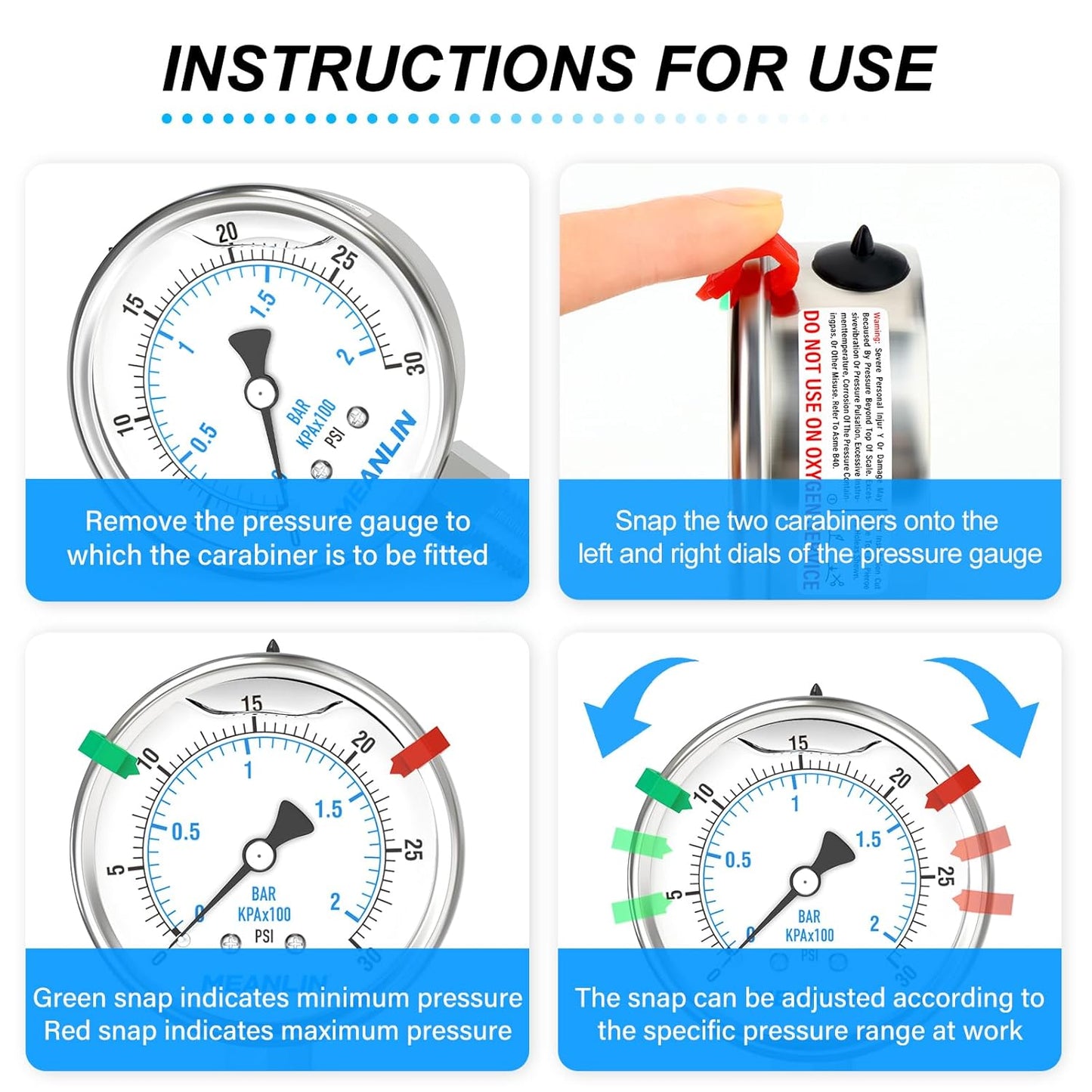 MEANLIN MEASURE 0~30Psi Stainless Steel Liquid Filled Pressure Gauge 2.5" FACE DIAL 1/4" NPT for Pool Sand Filter Water Oil Air Pressure Test Lower Mount with Stainless Steel Hex Bushing and Snaps