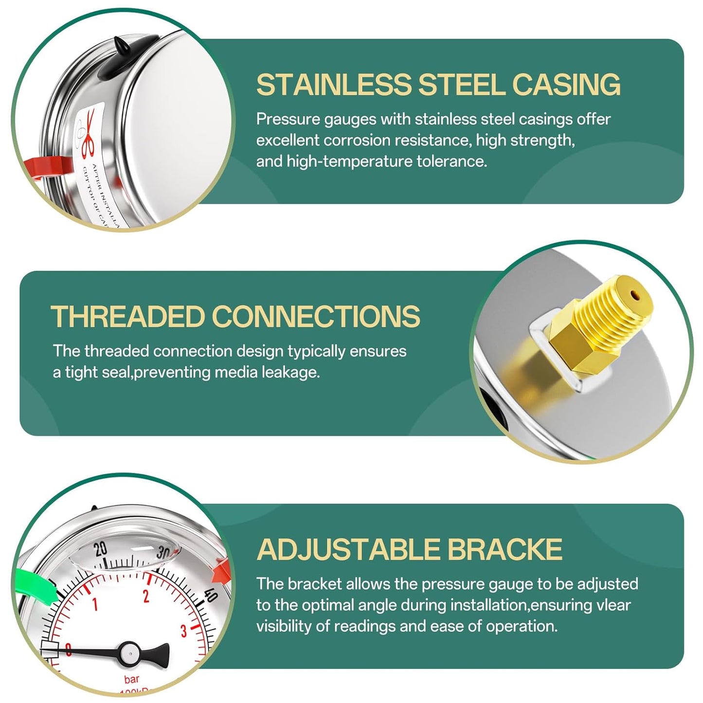 -30inHG-60PSI Stainless Steel Glycerin Liquid Filled Vacuum Pressure Gauge 2.5" Dial Size, 1/4" NPT Back Mount, for Water, Oil and Air Pressure Testing (with Range Mark Pointer)