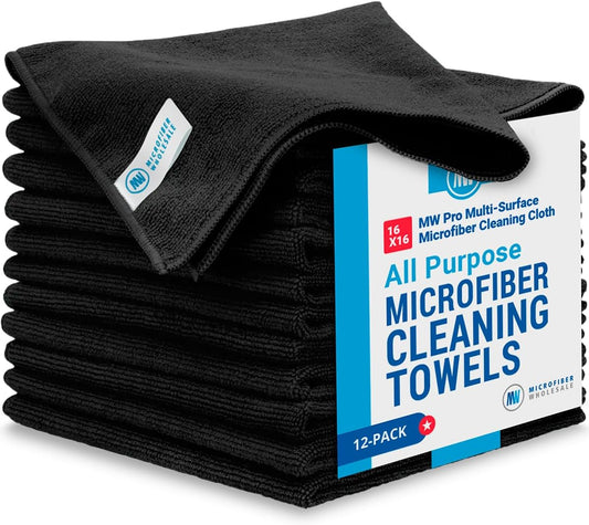 Microfiber Wholesale MW Pro Multi-Surface Microfiber Towel – 12 Pack | Premium Cleaning Cloth | Clean, Dust, Polish, Absorb | Large 16"x16" (Black)