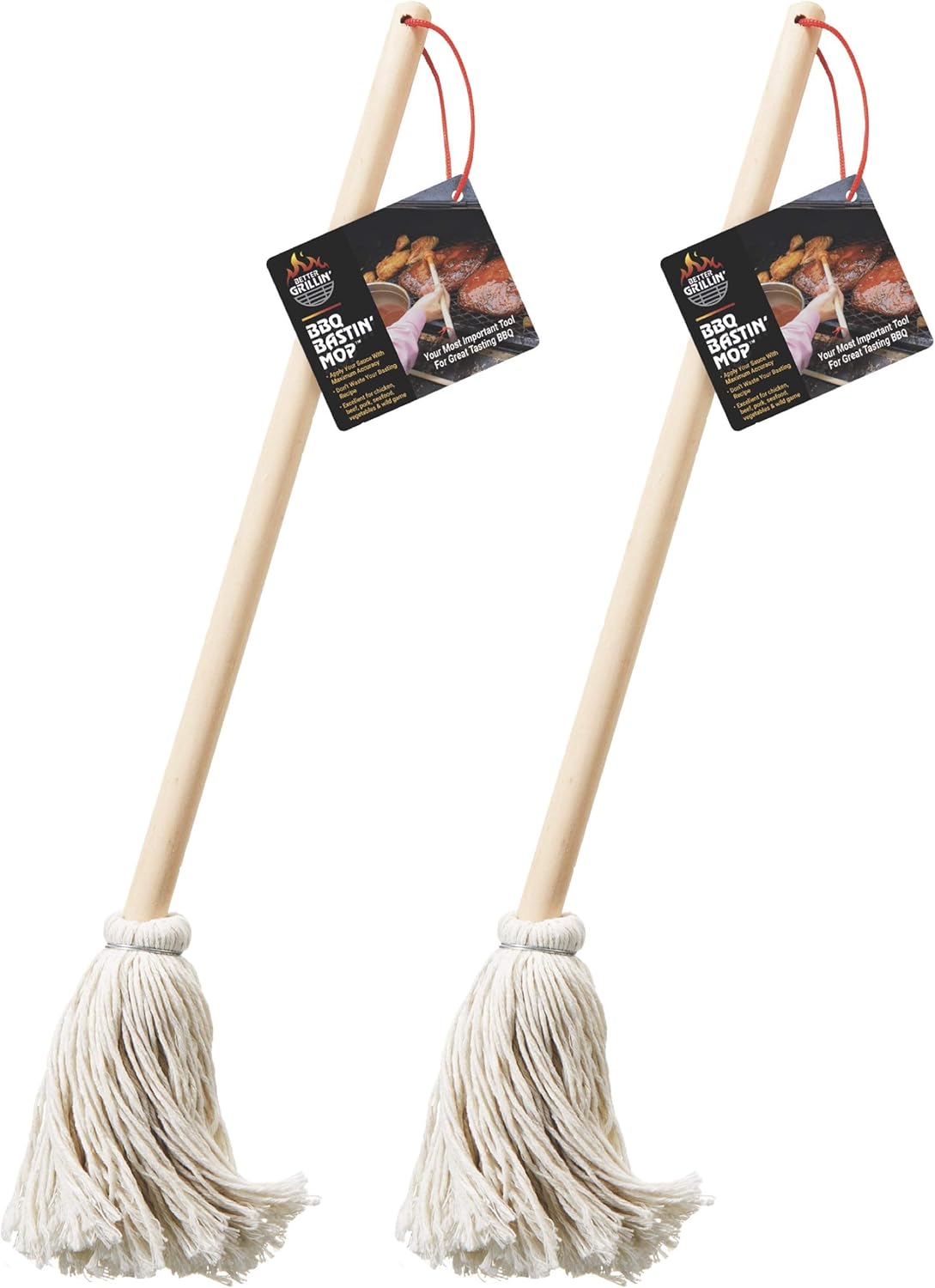 Better Grillin BBQ Bastin Mop Basting Barbecue Brush/Mop Easily Applies Marinades, Sauces, Washes Out, 16in Handle, 2pk