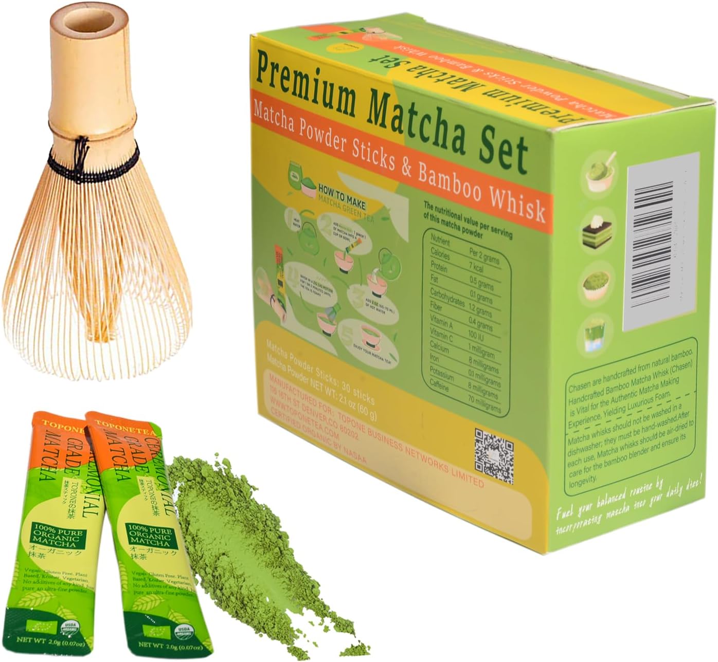 Mini Matcha Tea Set-Ceremonial Organic Japanese Matcha Powder With 30 single-serving sticks and Handmade Bamboo Whisk