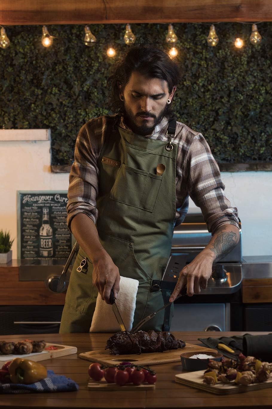 Asaya Chef and BBQ Apron with Bottle Opener and Hand Towel - 10oz Cotton Canvas, Stainless Steel Hardware - Cross Back Straps