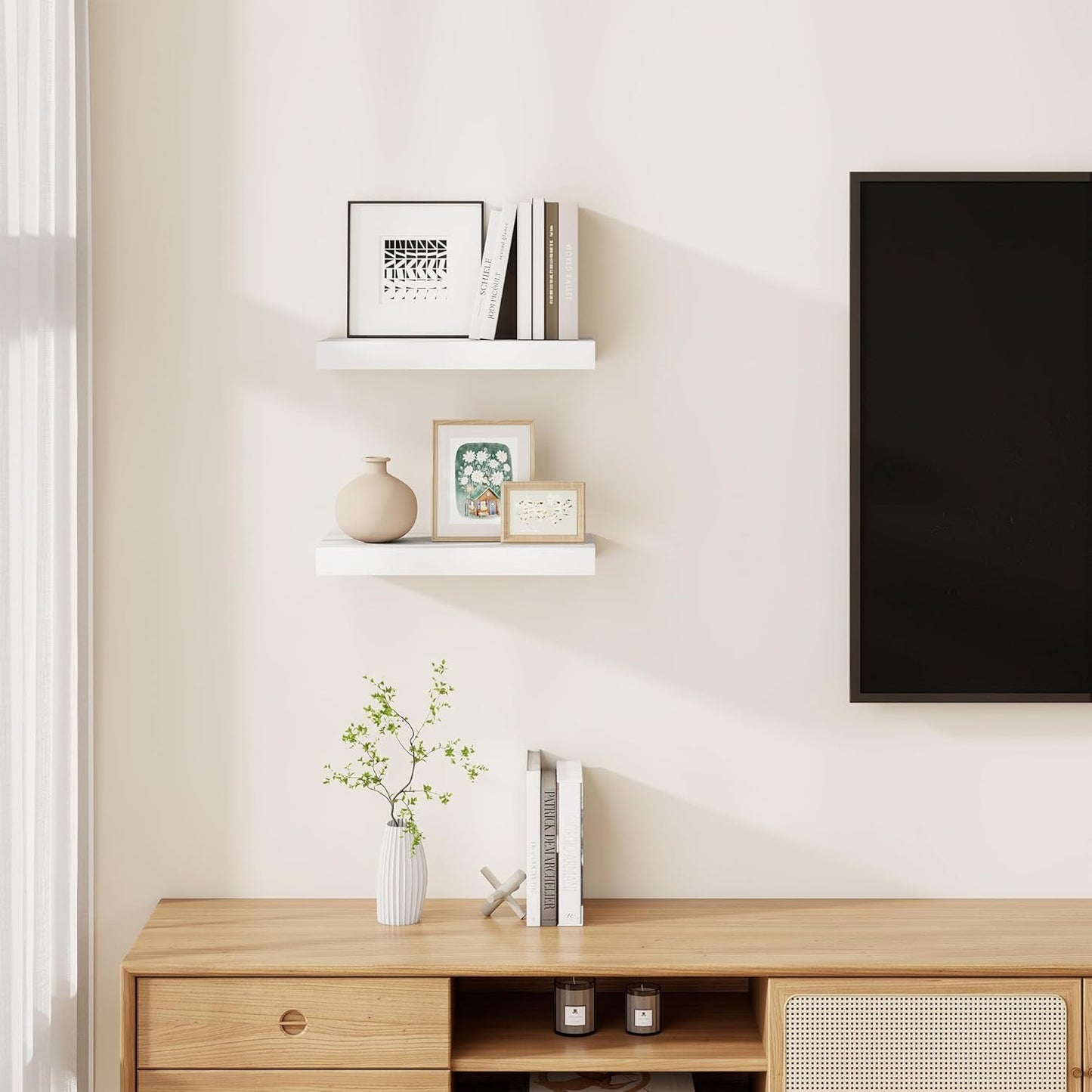 Floating Shelves for Wall, Real Wood Floating Shelf Set of 2, 8 Inch Deep Floating Shelves, Rustic Wood Wall Shelf for Home Decor, Deep Storage Shelves for Bathroom, Kitchen, 16"W x 8"D, White Color