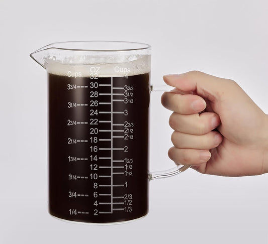 Ackers Etched Graduated Glass Measuring Cup - [Insulated Handle | V-Shaped Spout] - High Borosilicate Glass Measuring Cup for Kitchen or Dining, Easy to Read,1000 ML (32 Oz, 4 Cup)