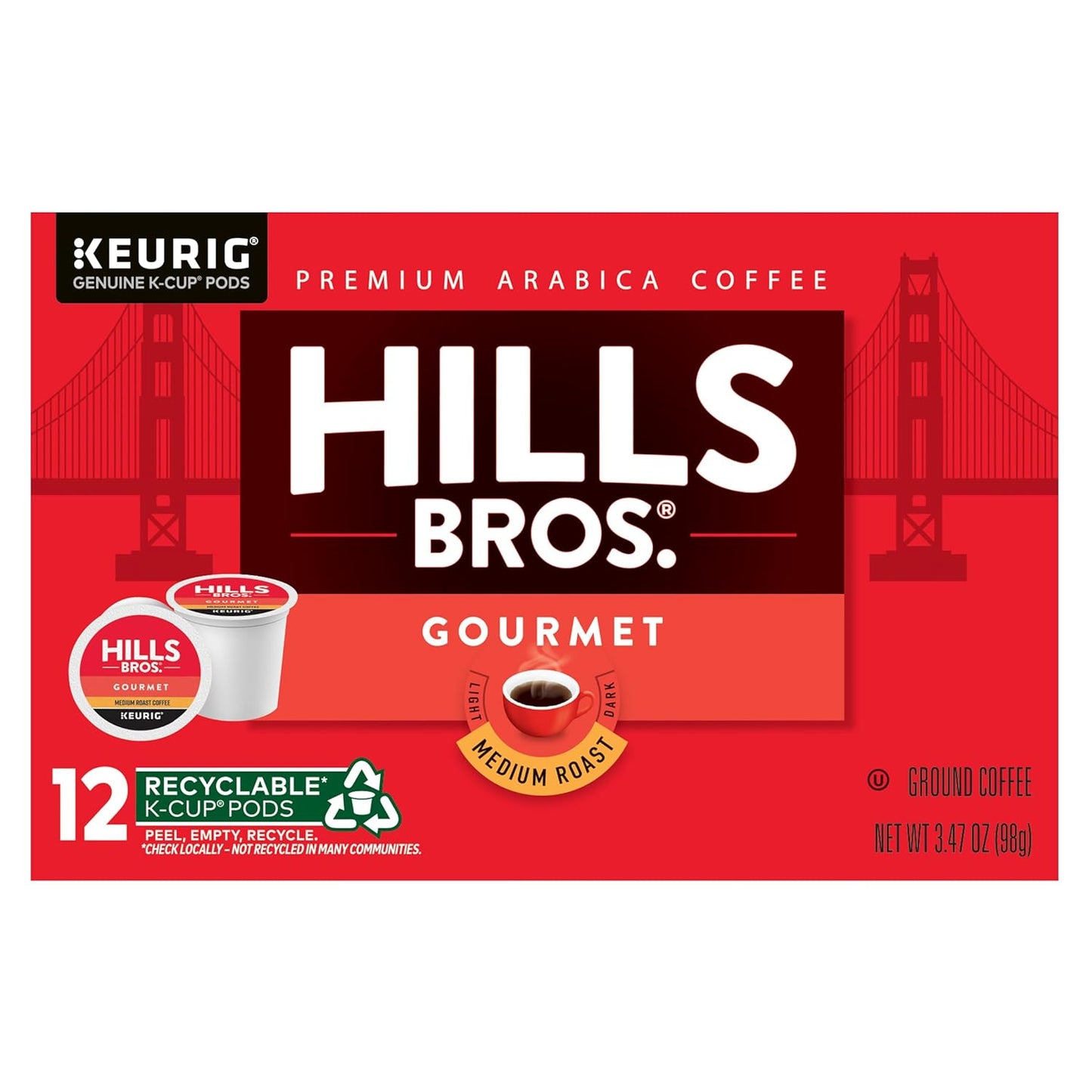 Hills Bros. Gourmet Blend Keurig K-Cup Pods for Keurig Brewers – Medium Roast Premium Arabica Blend, Kosher – 1 Pack of 12 Single Serve Pods