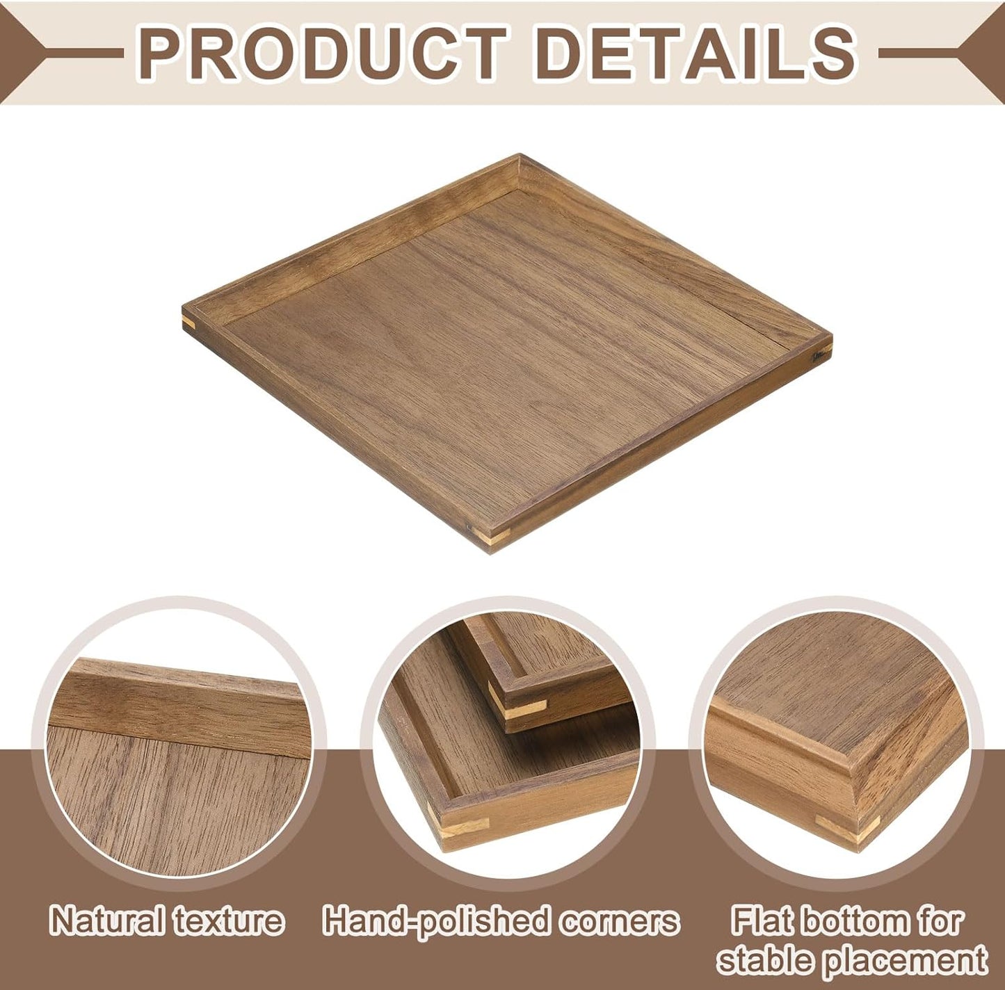 uxcell Bamboo Serving Tray, 8 x 8 Inch Square Wooden Trays Portable Serving Platters for Food Fruit, Snacks, Bread, Vanity, Weddings, Picnics, Brown (Inner Slant)