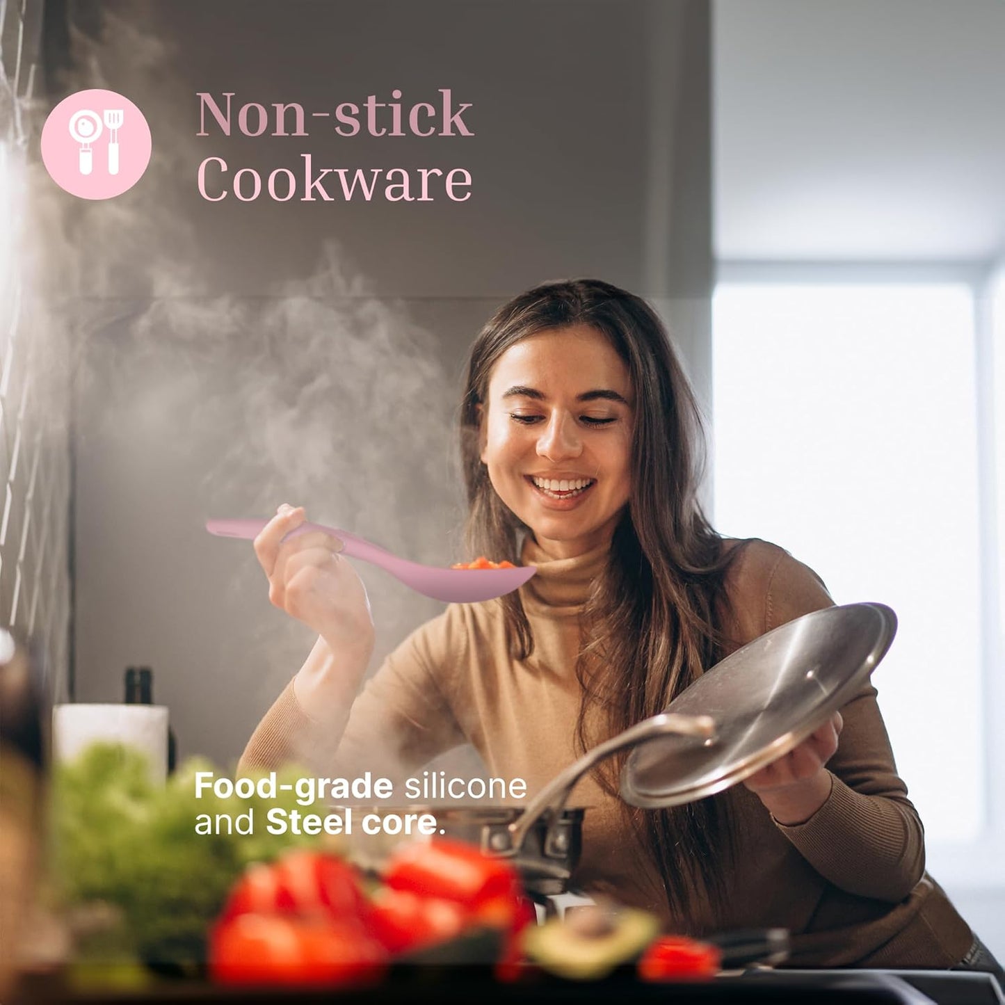 Silicone Rice Paddle Set – 2-Piece Set of Spoon Spatulas for Non-Stick Cookware – Kitchen Tools and Accessories with Comfortable Handles, Heat-Resistant Utensils for Cooking and Baking – Pastel Pink