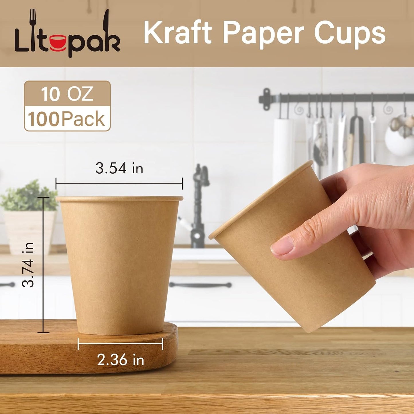 LITOPAK 100 Pack 10 oz Kraft Paper Coffee Cups for Water, Juice, and Tea, Disposable Hot Coffee Cups for Home, Restaurant, Store, and Cafe