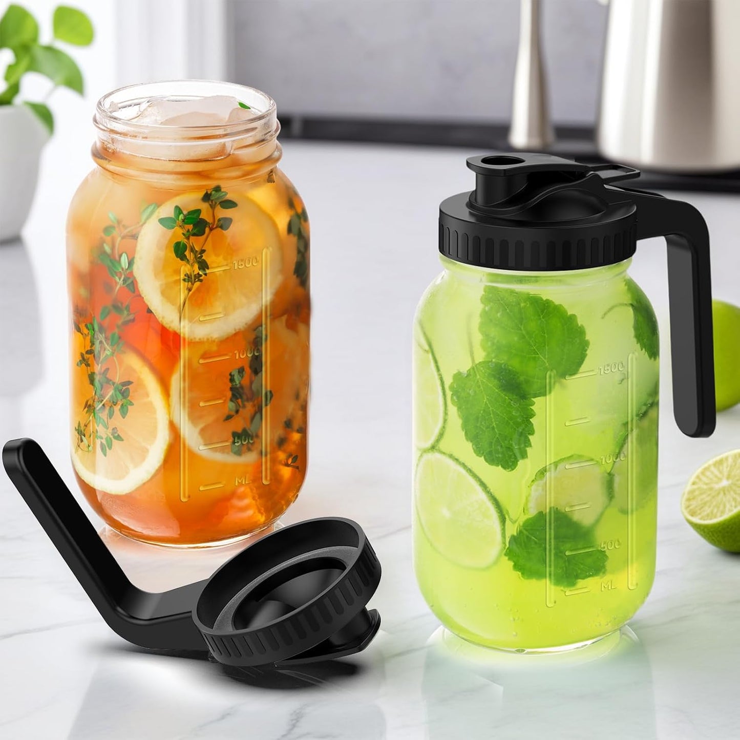2-Pack 64oz Glass Mason Jar Pitchers with Leak-Proof Lids and Handles – Wide Mouth Design for Sun Tea, Cold Brew, Lemonade, Juice, Iced Tea, and Water