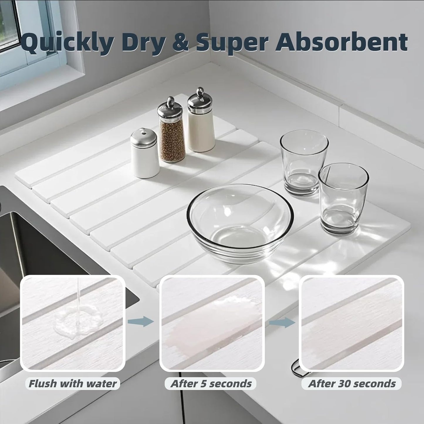 Stone Drying Mat for Kitchen Counter, 23.6" x 15.3" Foldable Diatomaceous Earth Dish Drying Mat - Large Stone Dish Drying Mat for Dishes Cups Bottles Drying, Match Any Countertop (Grey, Large)