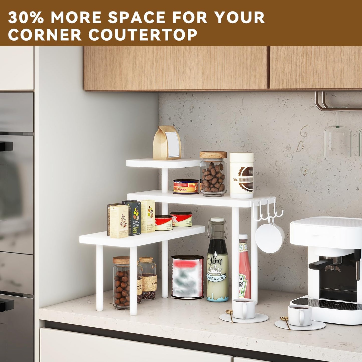 IBUYKE Countertop Organizer,3-Tier Spice Racks,Kitchen Counter Corner Shelf,4 Side Hooks,Adjustable Countertop Shelf for Kitchen, Bathroom, Coffee Bar, Cabinet, Desk,White,TLJ023W