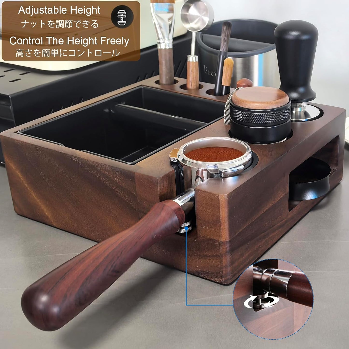 Espresso tamping station and knock box,Wooden portafilter holder,Espresso organizer station box,Tamping station fit for storage 51/54/58mm coffee accessories,Multifunctional espresso station