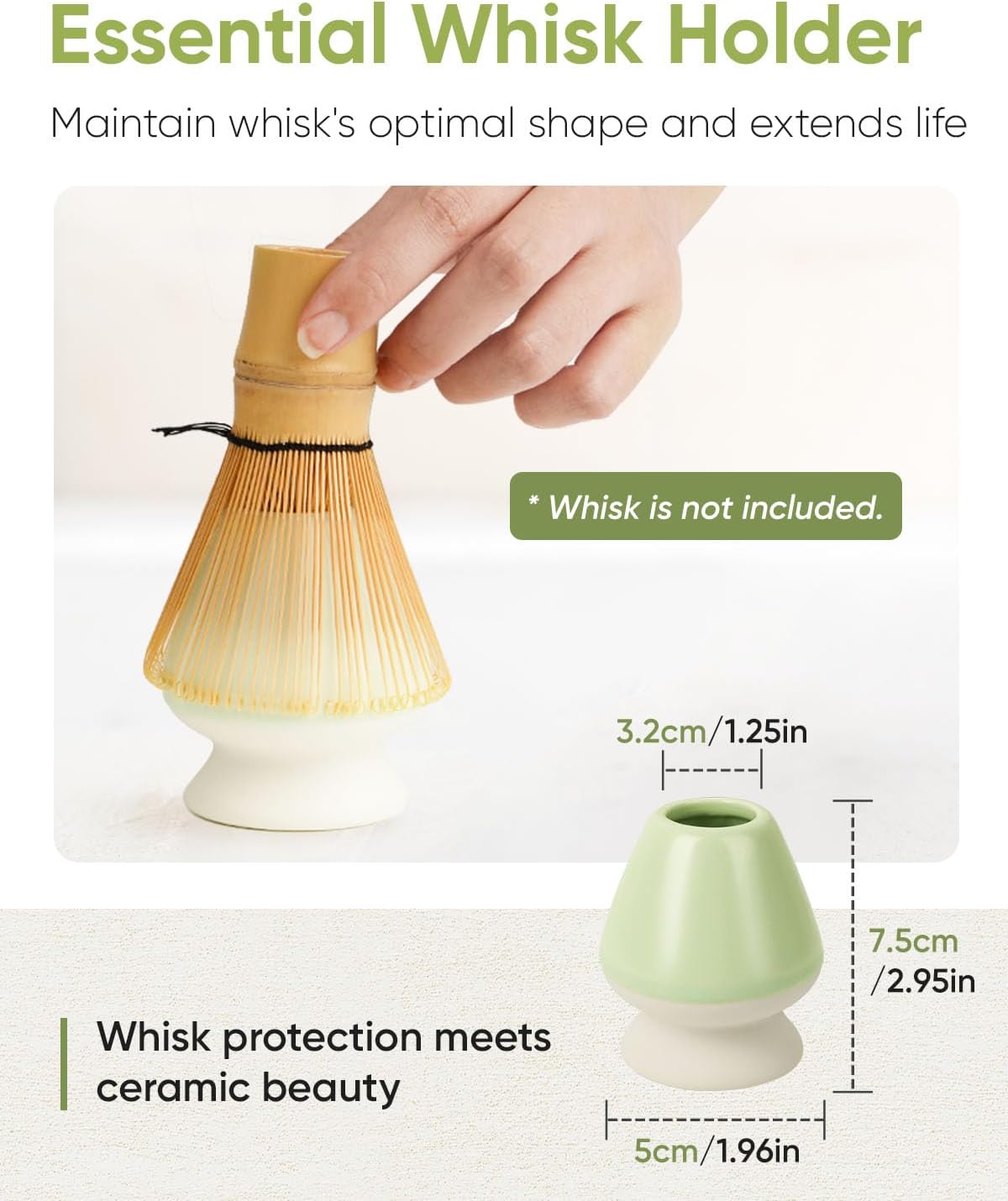 Matcha Bowl and Whisk Holder Set, Ceramic Tea Bowl and Whisk Stand, Matcha Tea Mixing Bowl with Spout (18 Ounce), Whisk Rest, Light Green