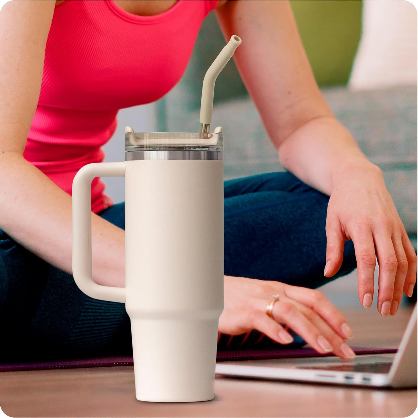 Snowfall Metal Straw Reusable for Stanley 30 OZ, 2 Pcs Long Stainless Steel Drinking Straws with Silicone Tip, 1 Straw Brush, BPA Free (Cream Gray)